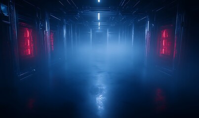 Aufkleber - A dimly lit corridor with blue fog and red lights, creating a mysterious and futuristic atmosphere.