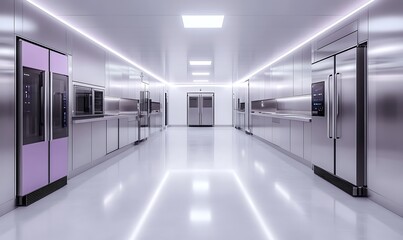 Poster - A sleek, modern hallway lined with metallic cabinets and pristine floors, featuring ample lighting and an organized layout.