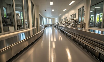 Poster - A modern, spacious hallway with smooth flooring, large windows, and metallic surfaces, creating a sleek and open environment.