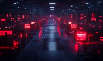 Fototapete - A futuristic data center illuminated by red lights, featuring numerous glowing screens and a long, empty corridor.