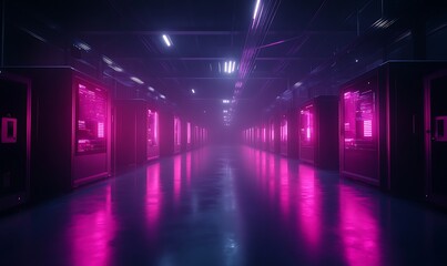Aufkleber - A futuristic corridor illuminated by vibrant pink lights, featuring sleek walls and a reflective floor, creating a mysterious and immersive atmosphere.