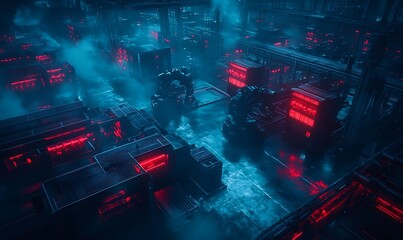 Fototapete - A futuristic digital landscape featuring glowing red and blue structures amidst a foggy atmosphere, evoking a cyberpunk aesthetic.