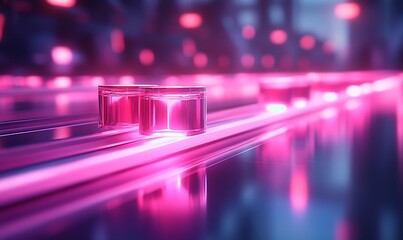 Poster - A futuristic scene featuring glowing pink blocks on a sleek surface, surrounded by soft lights, creating a vibrant, tech-inspired atmosphere.