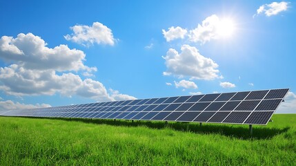 Poster - A field of solar panels captures sunlight under a bright blue sky, promoting renewable energy and sustainability.