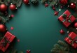 © xiao - Concept of Christmas and New Year. Red gift boxwith green ribbon bow accessories, Venus jewelry, topview of berries and pine branches, isolated greenbackground, spacious space