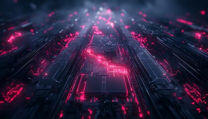 Aufkleber - A vibrant digital landscape featuring interconnected circuits and glowing neon lines, evoking a futuristic technological atmosphere.