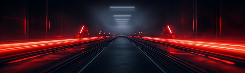 Poster - A dimly lit corridor features vivid red lights, creating a futuristic atmosphere that evokes a sense of mystery and technology.