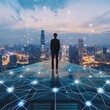 © sutinah - Man Standing on Rooftop with Cityscape and Network Connections