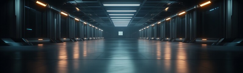 Leinwandbilder - A modern, futuristic corridor featuring sleek lighting and reflective flooring, creating an atmosphere of technology and potential.