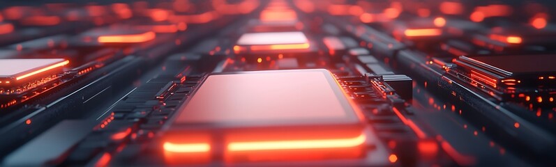 Leinwandbilder - A futuristic close-up view of circuit boards lit with red illumination, showcasing intricate technology and electronic components.