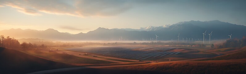 Poster - A serene landscape featuring solar panels in the foreground, wind turbines in the distance, and mountains under a colorful sky at sunset.