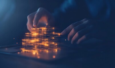 Aufkleber - A close-up of hands manipulating illuminated digital blocks, representing technology, innovation, and creativity in a dark, modern environment.