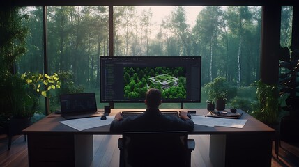 Poster - A person working at a desk with a large monitor, surrounded by plants, overlooking a lush forest through a large window.
