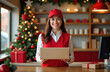 © algae5 - Female postman stands at the post office is decorated for Christmas behind the parcel desk and smiles looking at the camera and holds out a parcel in her hands to the camera.