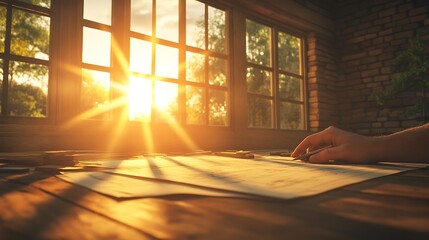 Poster - A warm sunset illuminates a cozy workspace with a hand poised over papers, evoking creativity and inspiration in a serene environment.