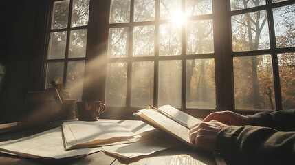 Poster - A serene scene showing a person reading by a sunlit window, surrounded by nature, evoking tranquility and reflection.
