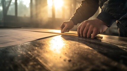 Aufkleber - A person measures wood on a sunlit table, surrounded by a misty atmosphere, showcasing craftsmanship and focus in a serene environment.