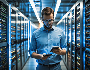Engineer standing by server cabinets with tablet in data center