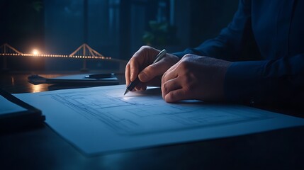 Poster - A person is sketching architectural plans on paper in a dimly lit environment, showcasing creativity and focus.