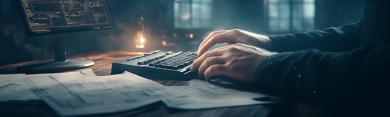 Poster - A person typing on a vintage keyboard surrounded by soft light, creating a nostalgic ambiance and highlighting the beauty of traditional writing.