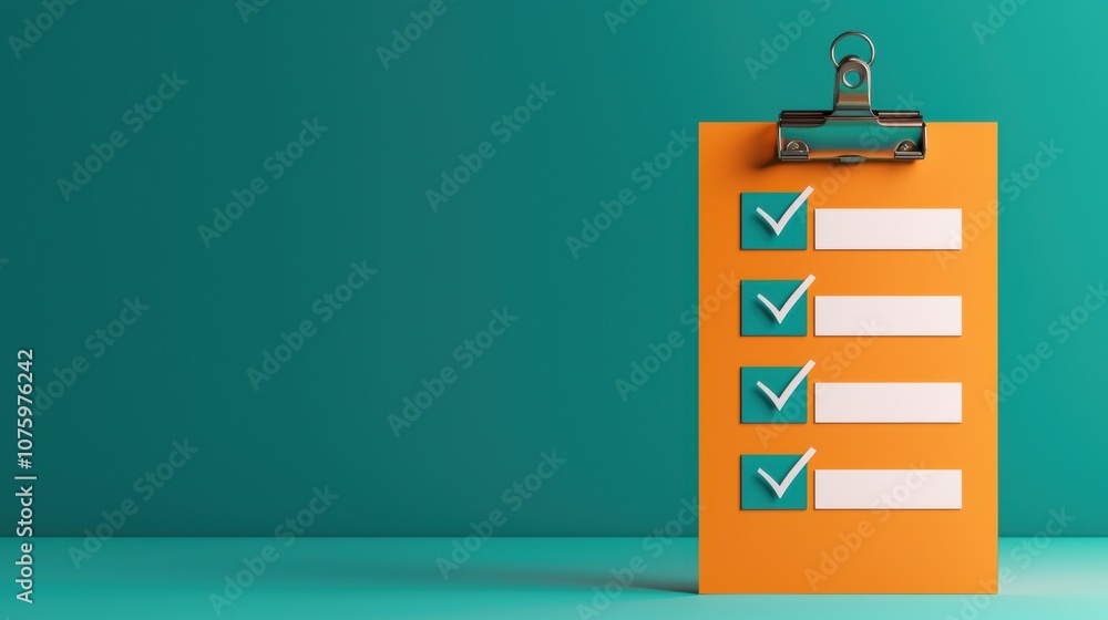 A bright orange checklist with green checkmarks stands on a solid teal ...