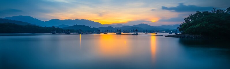 Aufkleber - A serene sunset over a tranquil lake, with reflections of trees and mountains in the calm water, creating a picturesque landscape.