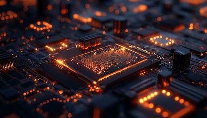 Poster - A close-up view of a circuit board illuminated with glowing orange lights, showcasing intricate microchips and electronic components.