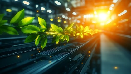 Poster - A close-up of vibrant green leaves growing in a futuristic industrial setting, illuminated by warm, golden light.