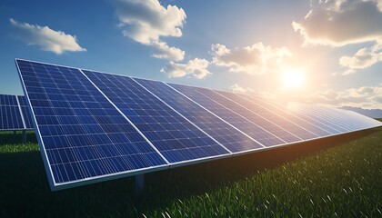 Poster - a vibrant solar panel field glimmers under a sunset, showcasing renewable energy technology amidst l