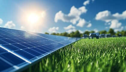 Poster - A solar panel captures sunlight on a grassy field under a clear blue sky, symbolizing renewable energy and environmental sustainability.