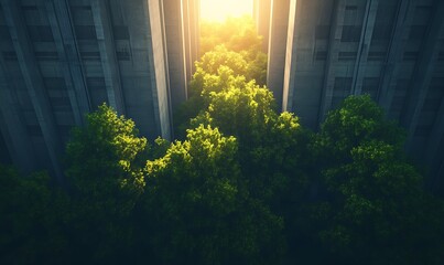 Aufkleber - A vibrant green forest emerges between towering concrete structures, illuminated by rays of sunlight, symbolizing nature's resilience in an urban environment.