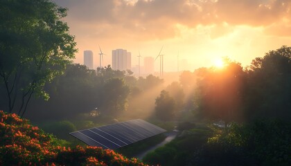 Aufkleber - A serene sunrise over a lush landscape, showcasing solar panels and a city skyline in the distance, with rays of light breaking through the clouds.