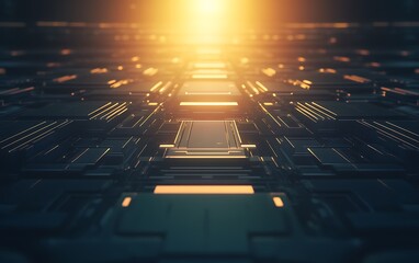 Leinwandbilder - A futuristic perspective of a digital circuit board illuminated by a warm, glowing light, suggesting advanced technology and innovation.