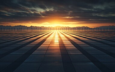Poster - A stunning sunset casts golden rays over a reflective solar panel field, creating a harmonious blend of technology and nature.