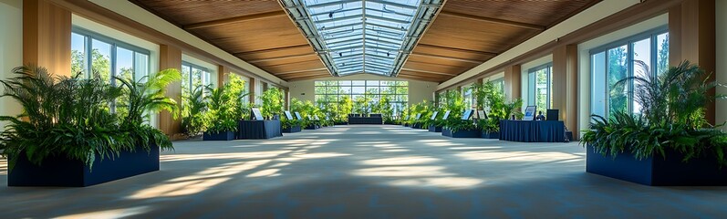 Aufkleber - A spacious and bright interior with large windows, wooden beams, and numerous potted plants, creating a serene and inviting atmosphere.