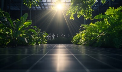 Poster - A serene pathway lined with lush greenery, illuminated by sunlight filtering through a structure, creating a tranquil atmosphere.