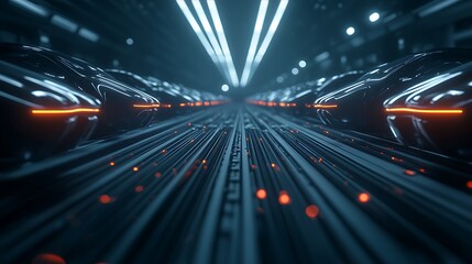 Poster - A futuristic tunnel scene featuring glowing lines and sleek vehicles, conveying a sense of speed and advanced technology.