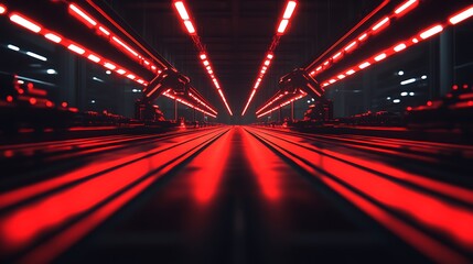 Poster - A futuristic scene featuring bright red lights illuminating a pathway, suggesting a high-tech, industrial environment.