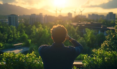 Aufkleber - A person stands amidst greenery, gazing at a sunset over a cityscape with wind turbines in the distance, capturing a moment of reflection and tranquility.
