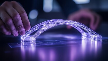 Fototapete - A glowing, translucent model bridge is held by a hand, showcasing intricate patterns and illuminated features against a dark background.