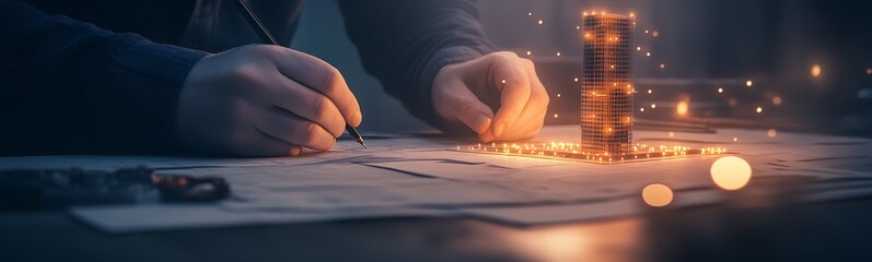 Poster - A person engages in creative planning at a desk, illuminated by warm lights, with sheets of paper and a tower-like structure made of glimmering materials.