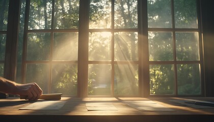 Aufkleber - Sunlight streams through a window, illuminating a serene workspace with a hand resting on a wooden surface, surrounded by nature.
