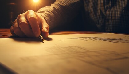 Poster - A hand holding a pen writes on paper in low light, evoking a sense of creativity and focus.