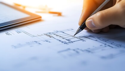 Poster - A hand sketches architectural plans on paper, with digital tools nearby, combining traditional and modern design methods in a bright workspace.