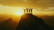 © Heidi - Team silhouette on a mountain peak, arms extended towards the sky in a display of triumph, symbolizing reaching business goals.