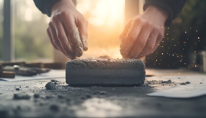 Aufkleber - A person shaping a block of material, surrounded by dust and particles, with sunlight streaming in from behind, creating a warm and inviting atmosphere.