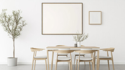 Wall Mural - Farmhouse Dining Room Mockup, inviting space featuring rustic decor, wooden furniture, warm tones, and a stylish empty frame on the wall