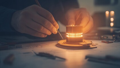 Aufkleber - A person carefully assembling a lit coil on a wooden base, showcasing intricate craftsmanship and a warm glow from the coil.
