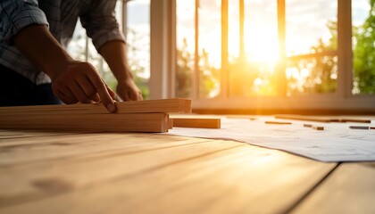 Aufkleber - A person measures wooden planks on a sunlit floor, highlighting craftsmanship and woodworking in a warm, inviting atmosphere.