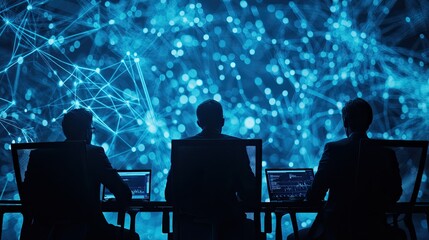 Silhouettes of people analyzing data against a digital network background.